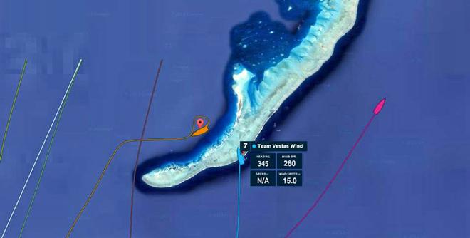 <b>Composite image from Google Earth and Virtual Eye tracks of where Team Vestas Wind struck the reef, and where Team Alvimedica was positioned as she stood by. Also show is the track of the other race yachts, who stayed to the west and Team SCA (east). Donfeng (red track) appears to have sailed very close to the same reef. Image by David Burch</b> © SW